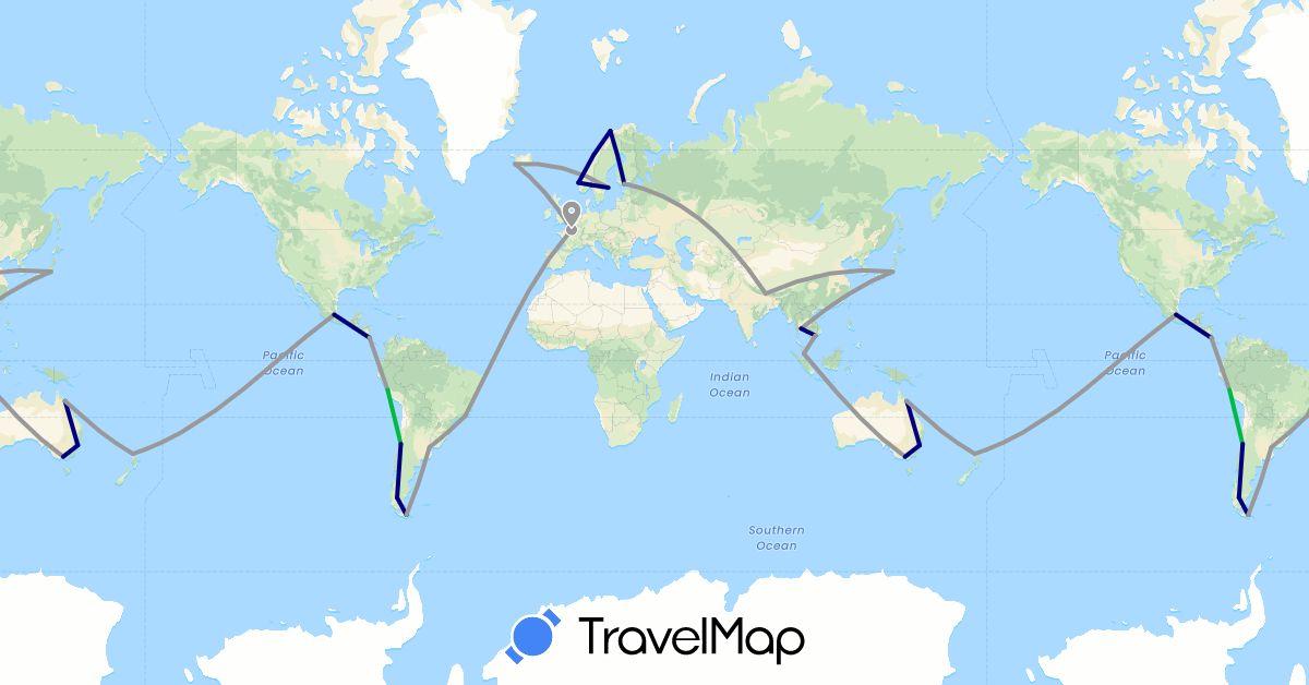 TravelMap itinerary: driving, bus, plane in Argentina, Australia, Brazil, Chile, Costa Rica, Finland, France, Iceland, Japan, Mexico, Malaysia, Norway, Nepal, New Zealand, Peru, Sweden, Thailand, Vietnam (Asia, Europe, North America, Oceania, South America)